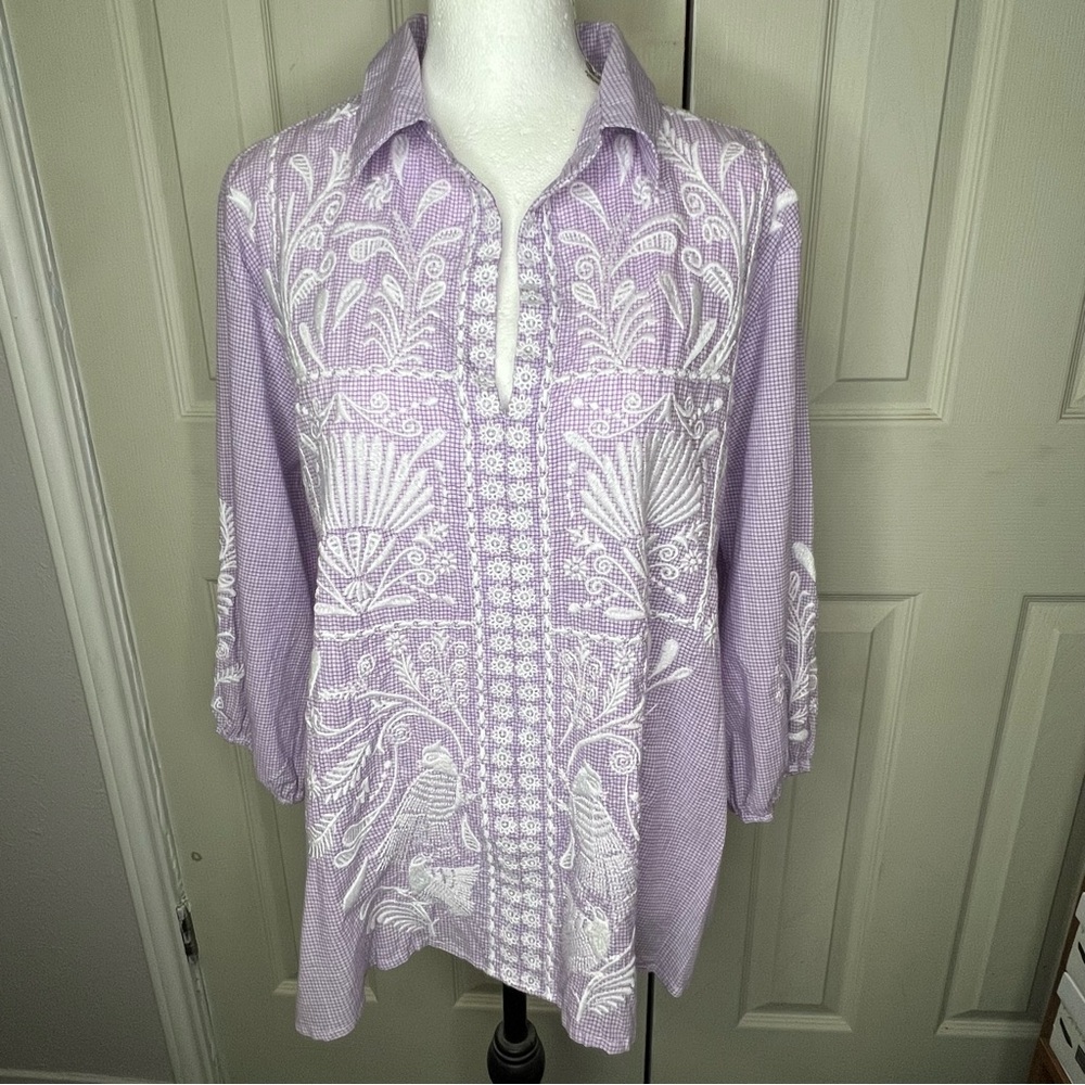 Johnny Was Workshop Orla Wander Purple/White Embroidered BLOUSE Bohemian Sz M - Picture 2 of 11